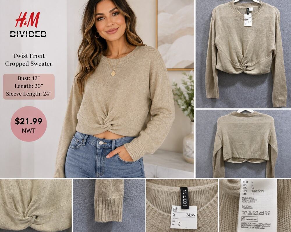 🆕H&M Divided Women’s L Beige Twist Front Cropped Sweater Knit Long Sleeve NWT